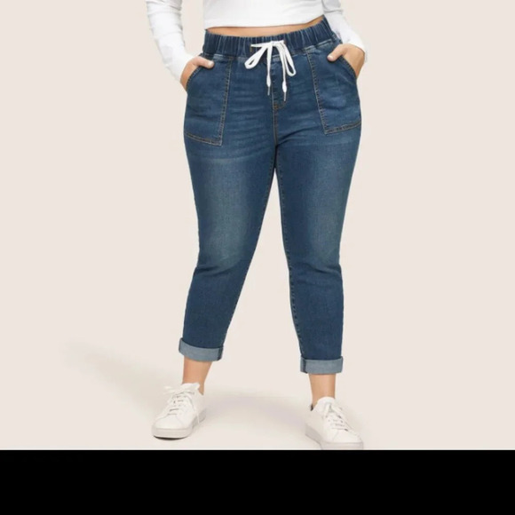 BloomChic Plus size Drawstring Elastic Waist Roll Hem Jeans - Picture 2 of 6